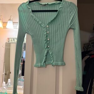 Mint Green Ribbed Button-Up Top